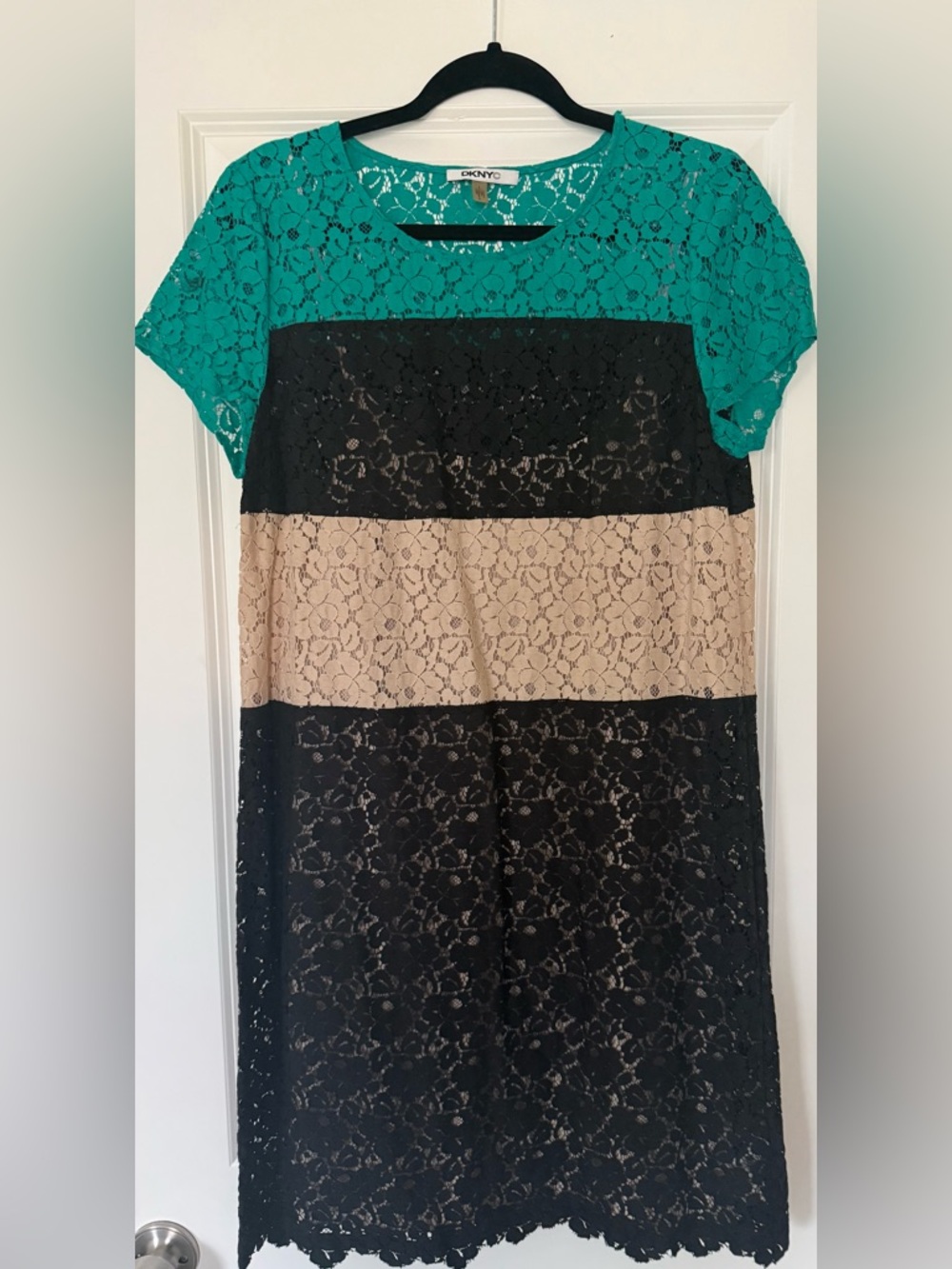 DKNYC Teal Lace Colorblock Dress with Black Banding